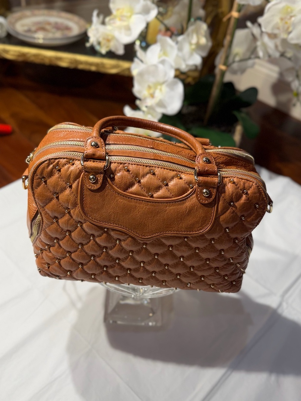 Rebecca Minkoff Quilted Brown Satchel with Studs